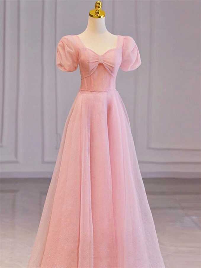 Pink Fairy Prom Dress Long A-line Princess Ball Gown Square Neck ...