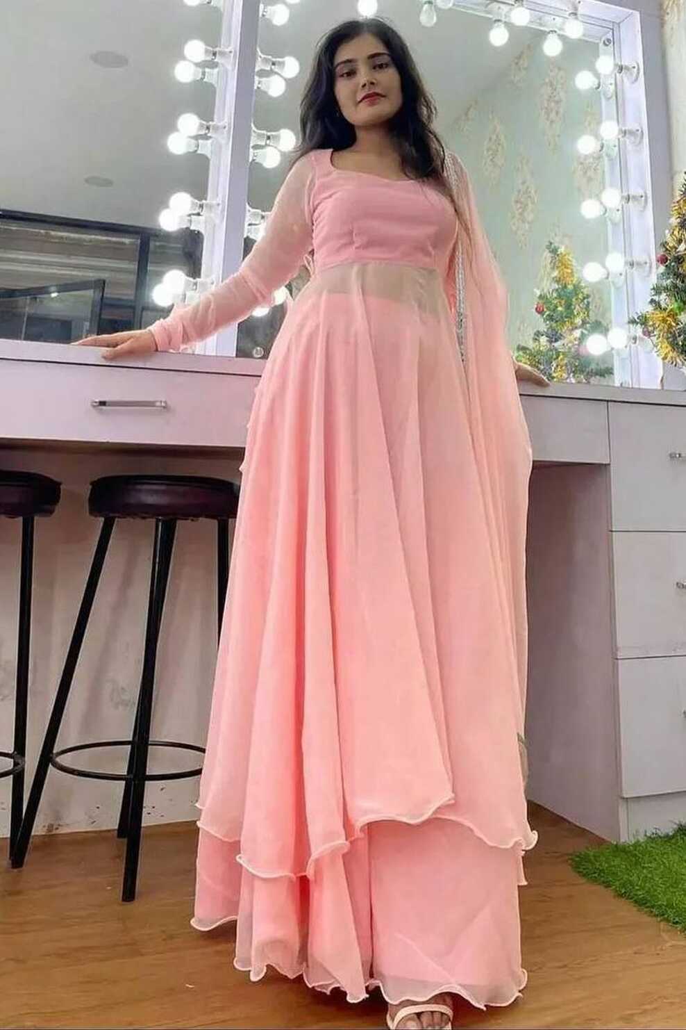 Pink Faux Georgette Plain Gown With Palazzo