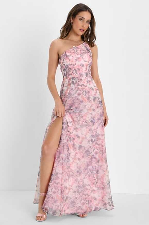 Pink Floral Dress - Floral Organza Dress - One-Shoulder Dress - Lulus