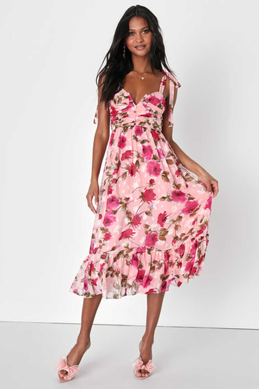 Pink Floral Midi Dress - Tie-Strap Dress - Gathered Floral Dress ...