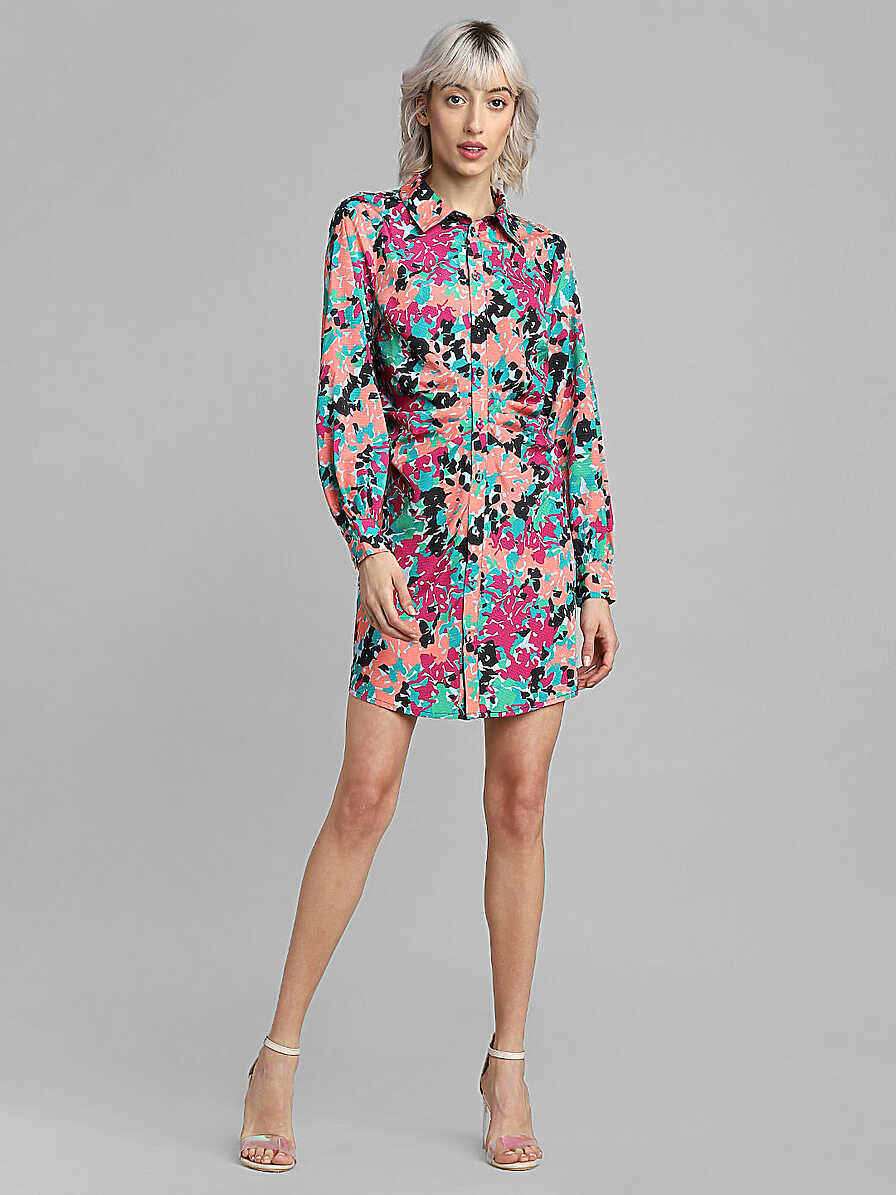 Pink Floral Print Shirt Dress