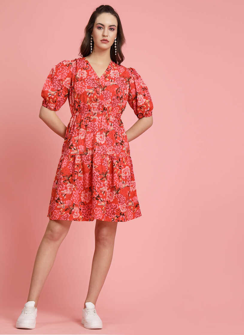 Pink Floral Printed V-Neck Puff Sleeves Gathered A-Line Dress ...