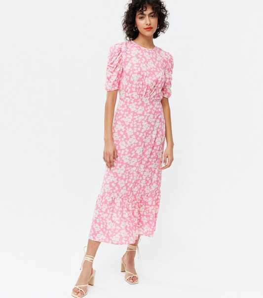 Pink Floral Ruched Puff Sleeve Midi Dress | New Look