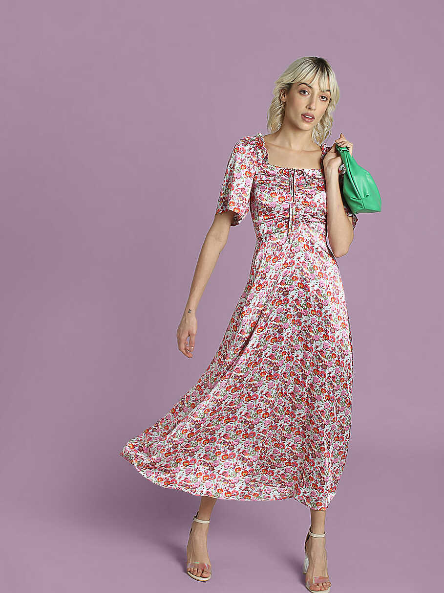 Pink Floral Satin Maxi Dress