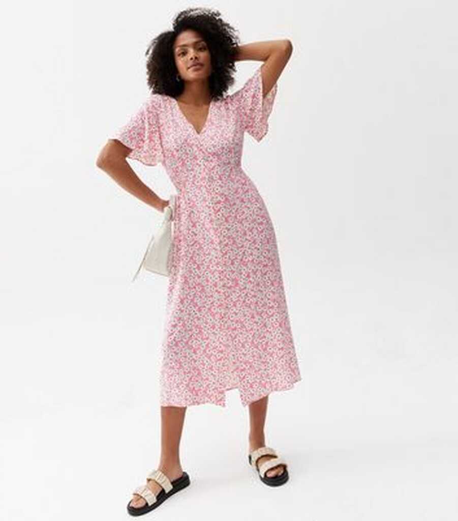 Pink Floral Shirred Button Front Midi Dress | New Look