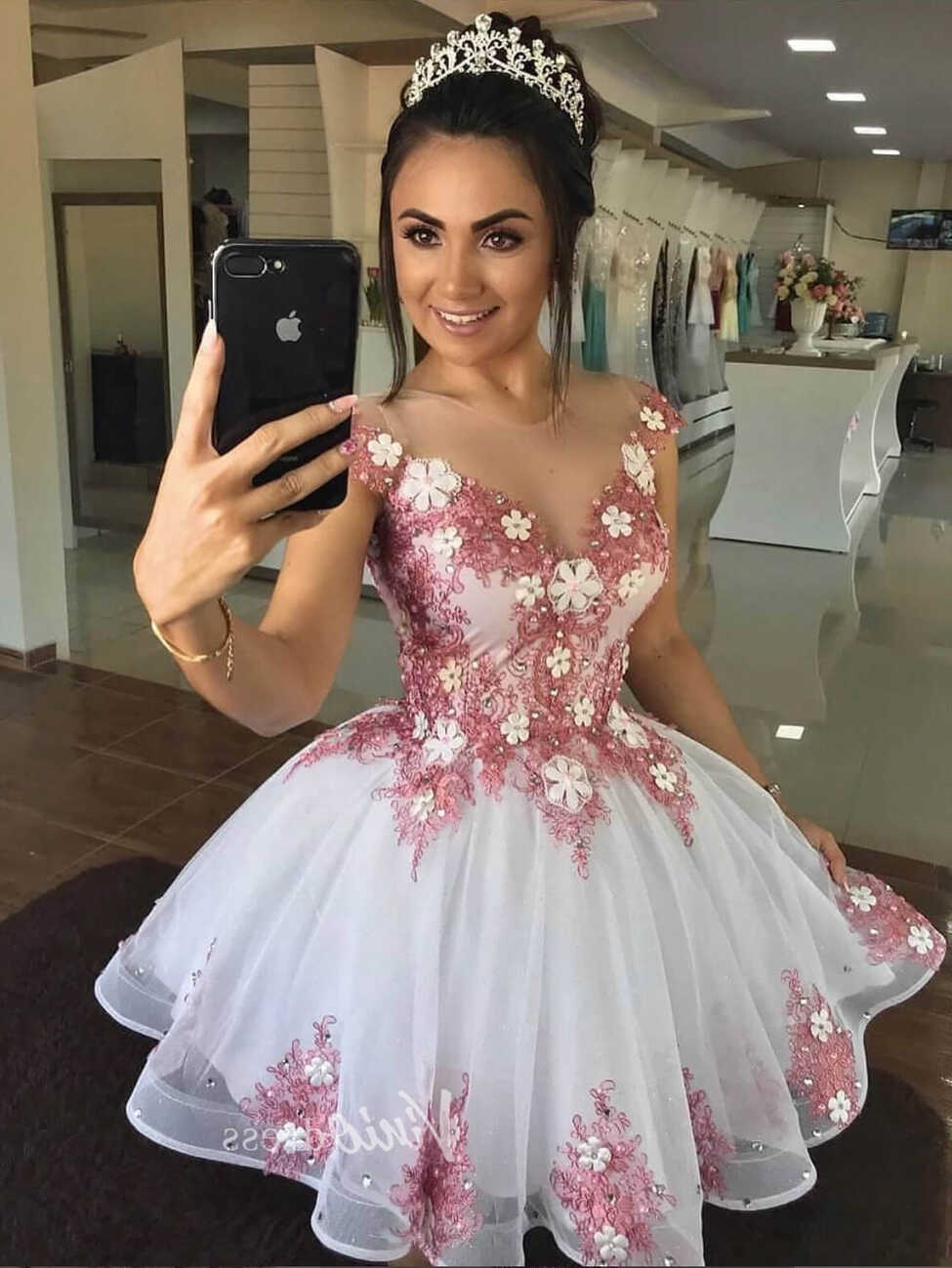 Pink Floral Short Prom Dress Lace Appliqued Homecoming Dresses ...