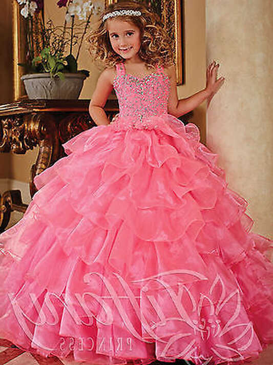 Pink Flower Girl Dress Beading Girl Pageant Party Prom Ball Gown ...