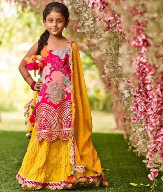 Pink Georgette Print Kurti and Yellow Ghagraa Dupatta for Girls ...