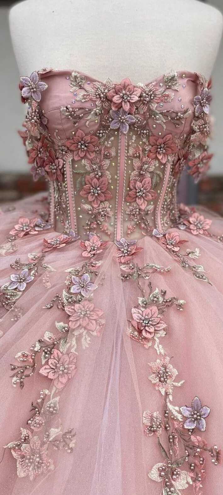 Pink Glitter 3D Flowers Beaded Ball Dress Beautiful Pink Princess ...