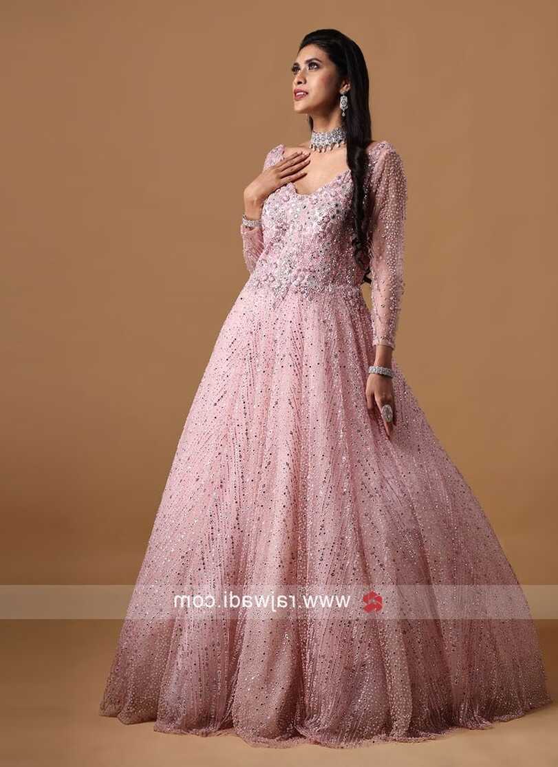 Pink Gown In Net With Stone Work