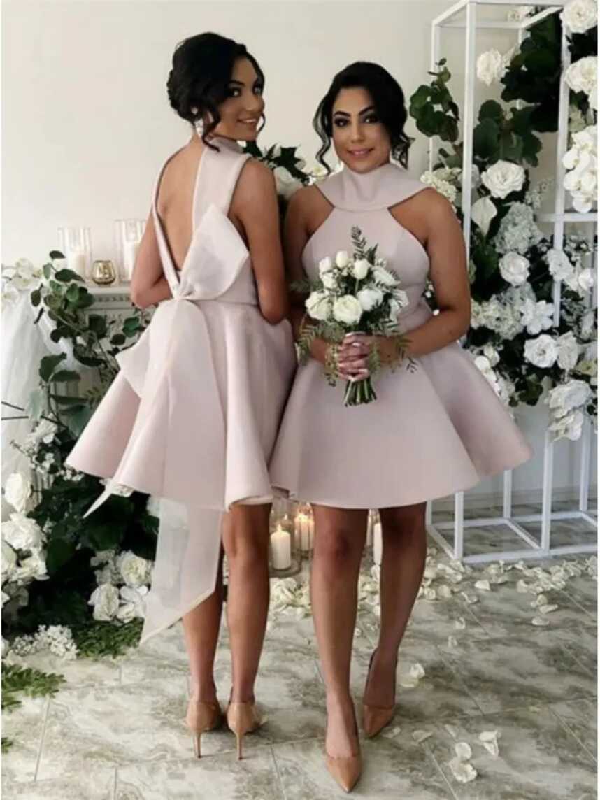 Pink Jewel Sleeveless Pink Bridesmaid Dresses Short With Bow Knot ...