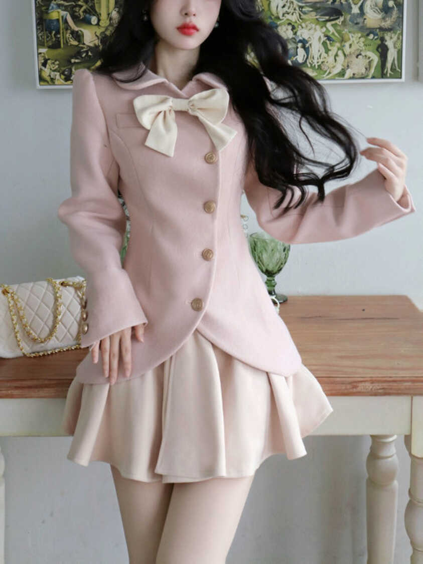 Pink Kawaii Elegant Party Mini Dress Women Long Sleeve Korean ...