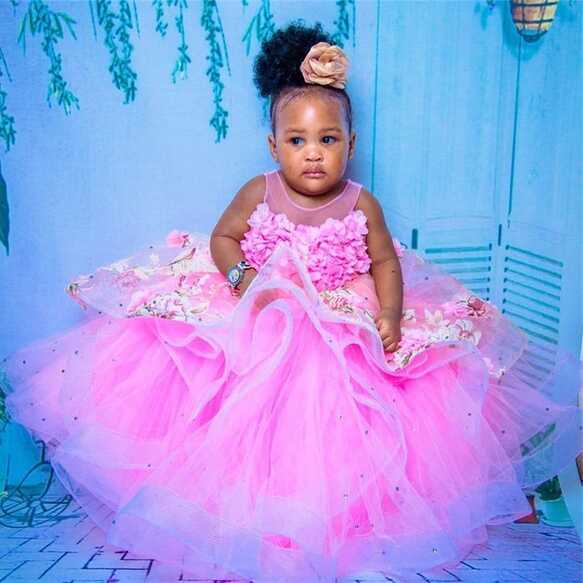 Pink Lace 3D Flowers Baby Girl Dresses Sheer Neck Ball Gown First ...