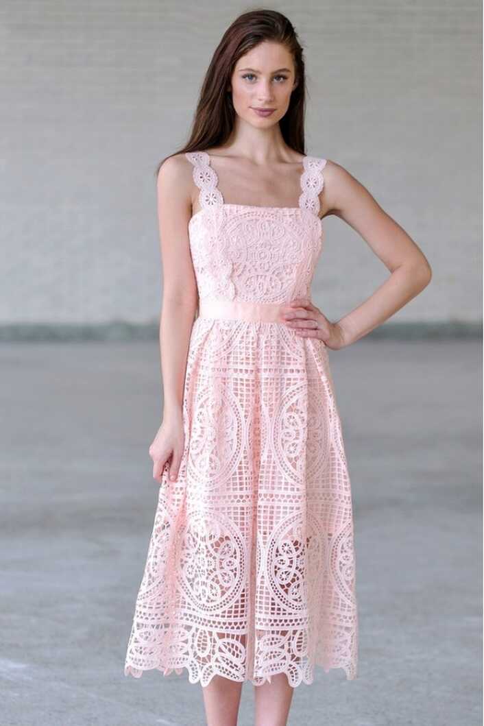 Pink Lace A-Line Midi Dress, Cute Summer Dress Online Lily Boutique