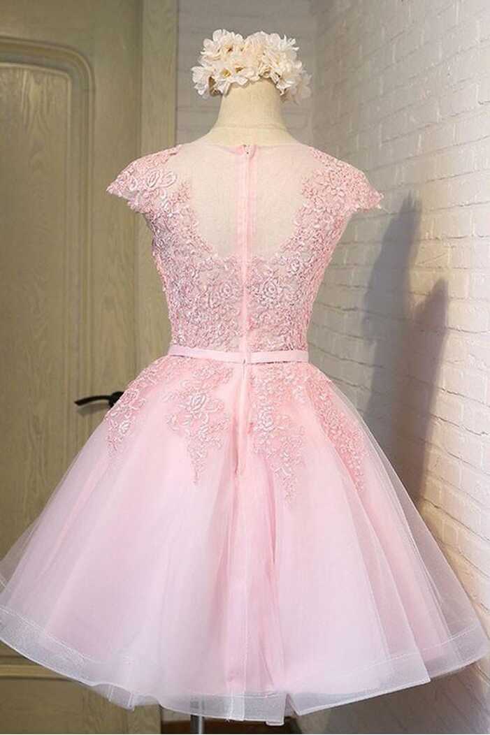 Pink Lace Short Tulle Homecoming Dress Party Dress with Cap ...