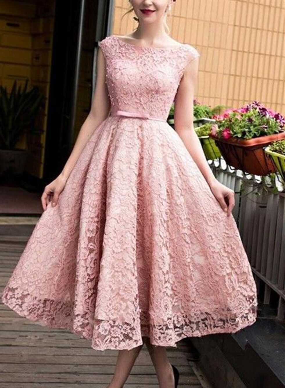 Pink Lace Tea Length Formal Dress, Beautiful Pink Prom Dresses ...