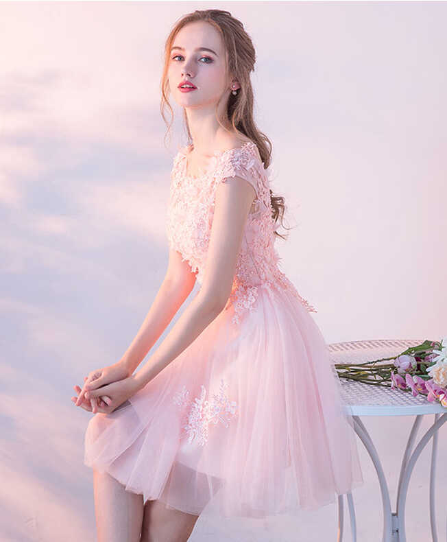 Pink Lace Tulle Short Prom Dress, Lace Pink Cute Homecoming ...