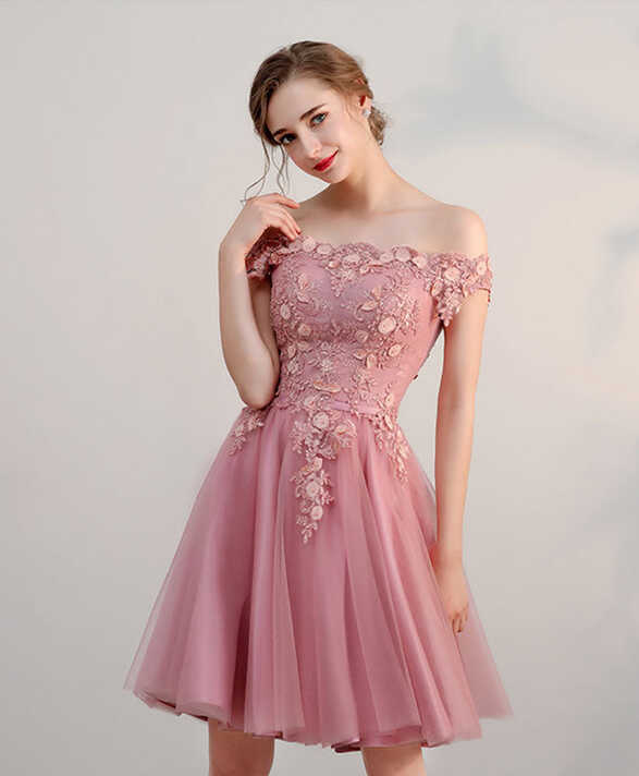 Pink Lace Tulle Short Prom Dress, Pink Evening Dresses – shopluu