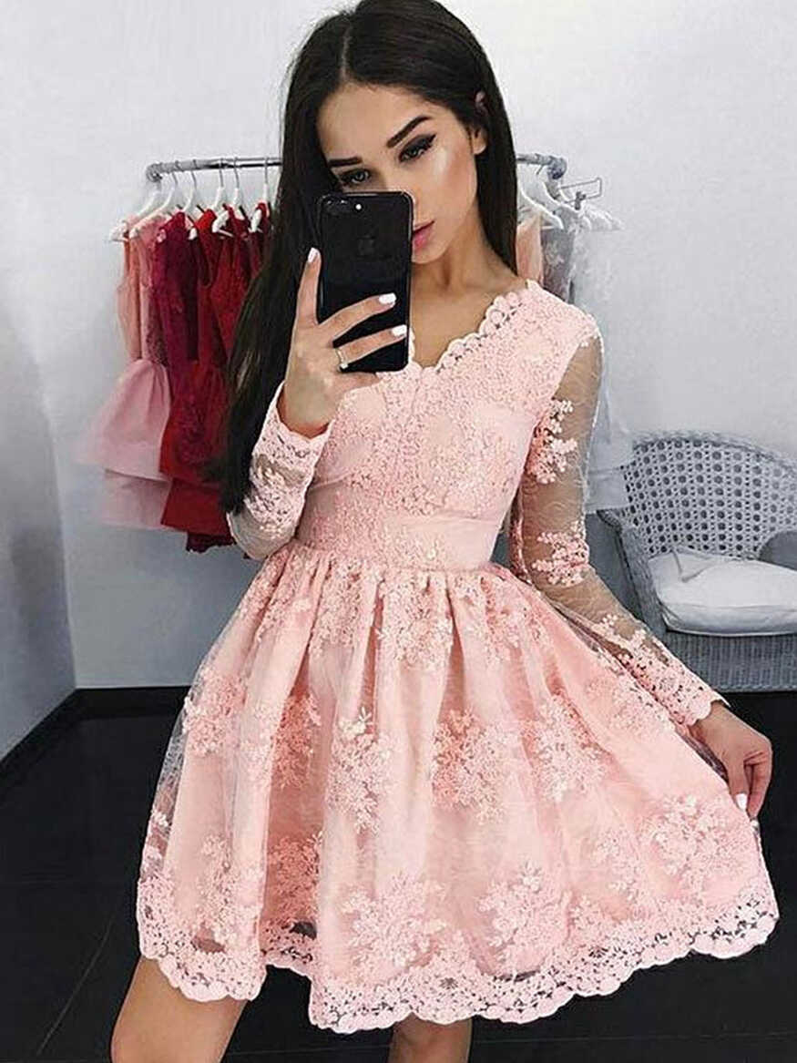 Pink Long Sleeves Short Lace Prom Dresses, Short Long Sleeves Pink ...