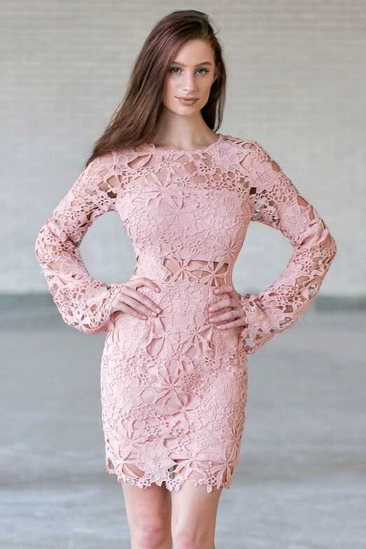 Pink Longsleeve lace Dress, Cute Pink Dress Lily Boutique