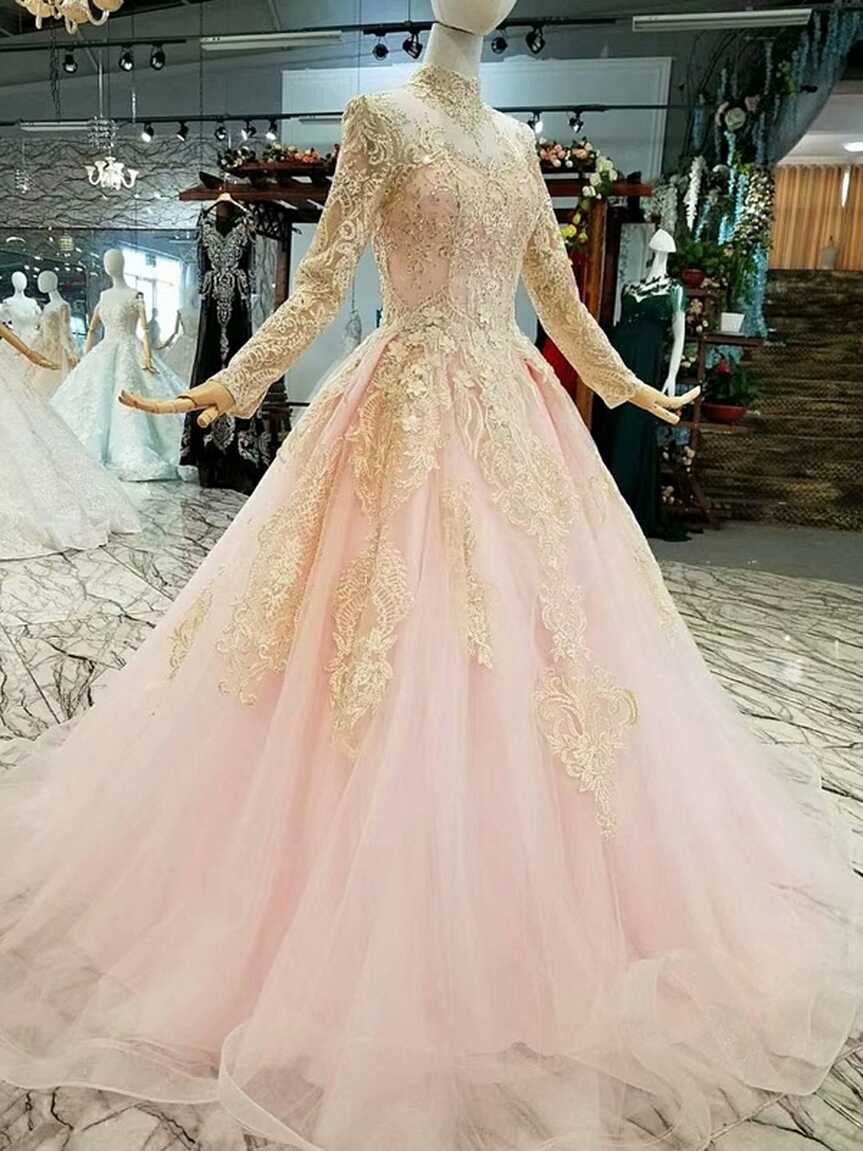 Pink Luxury Sequins Long Sleeve Wedding Gown - OneSimpleGown.com