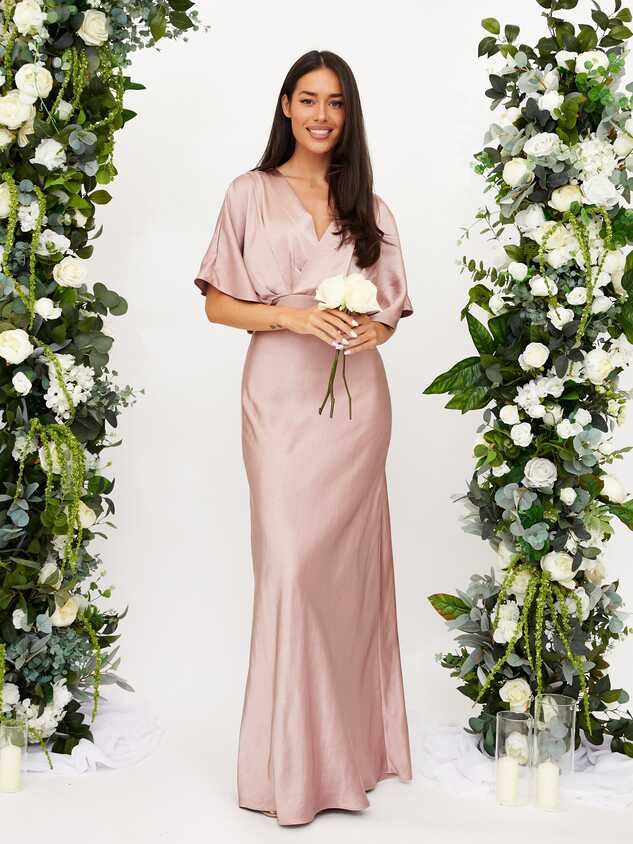 Pink Maxi Bridesmaid Dress | Angel Sleeve Satin Dress in Blush ...