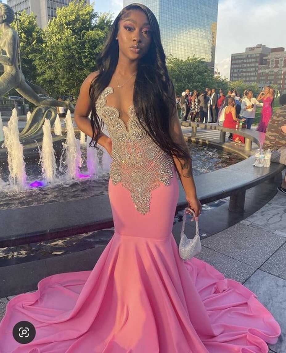 Pink Mermaid Long Prom Dress With Beaded Elegant Evening Dress ...