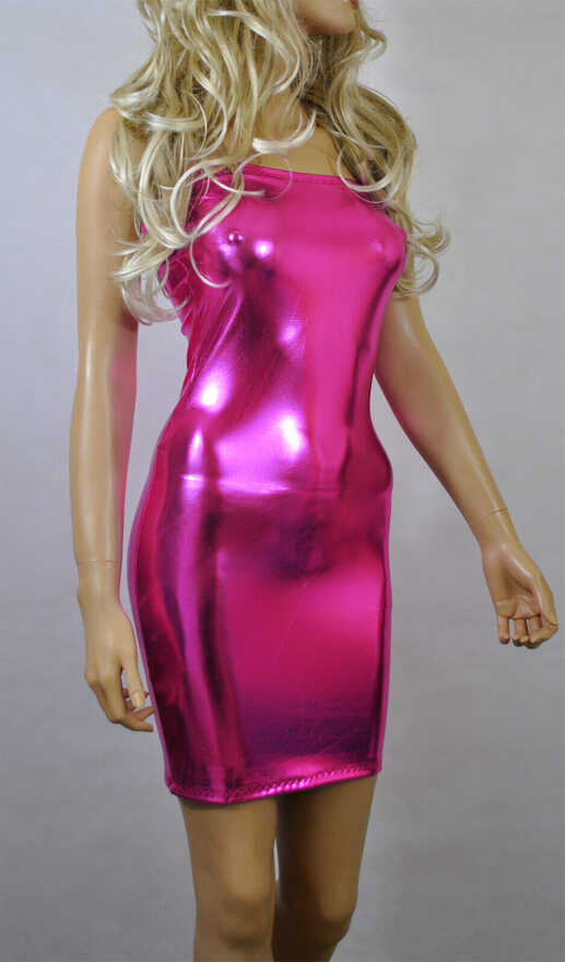 Pink Mini Dress Boob Tube Metallic Wet Look Stretch Strapless ...