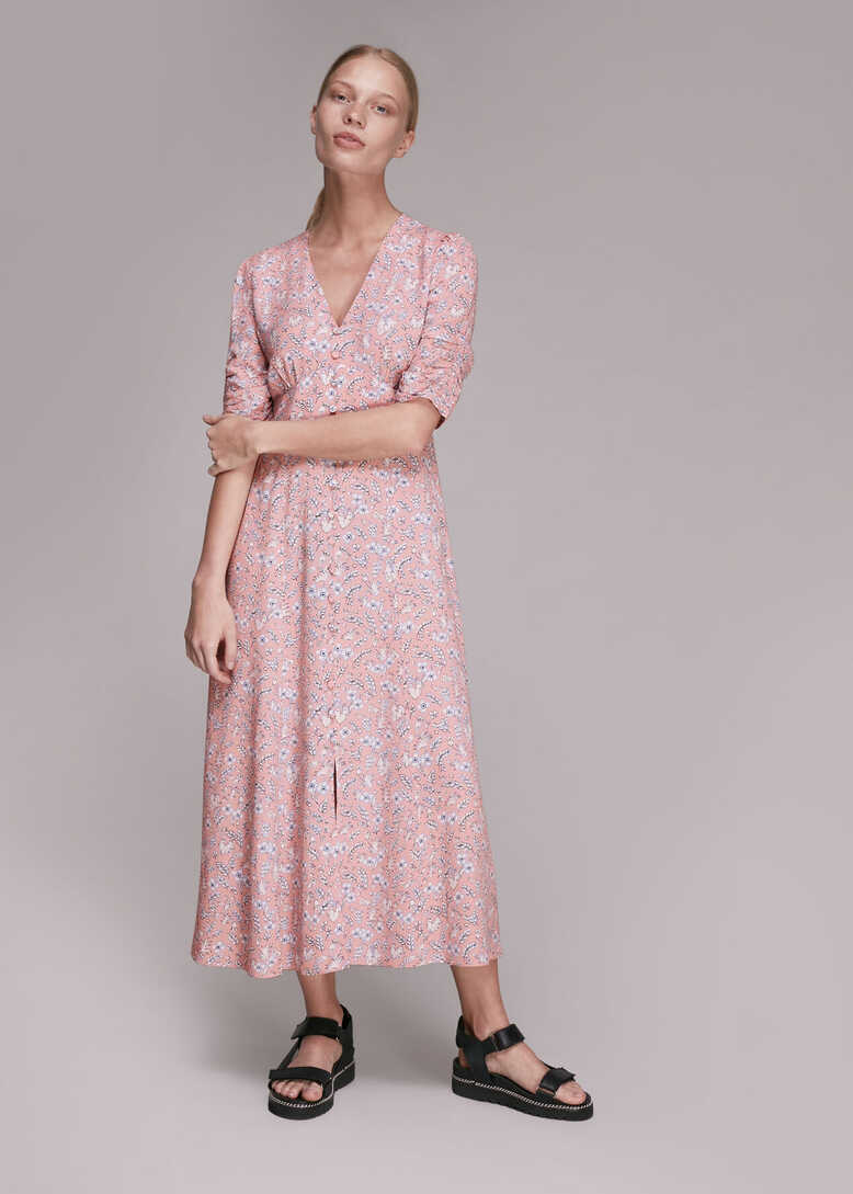 Pink/Multi Wheat Floral Midi Dress | WHISTLES | Whistles UK |