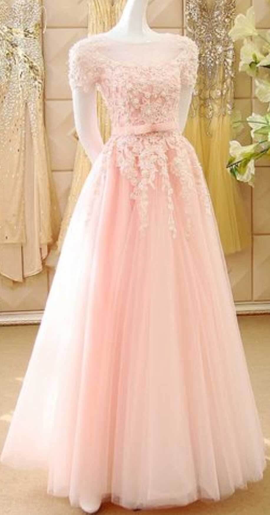 Pink Princess Prom Dresses With Lace Appliques, Illusion Prom ...