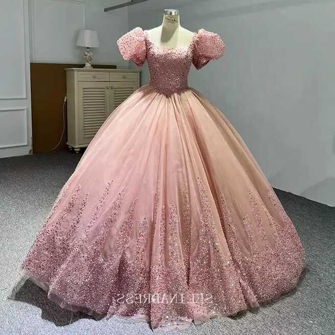 Pink Princess Puff Sleeve Sequins Sweet 16 Beaded Ball Gown ...