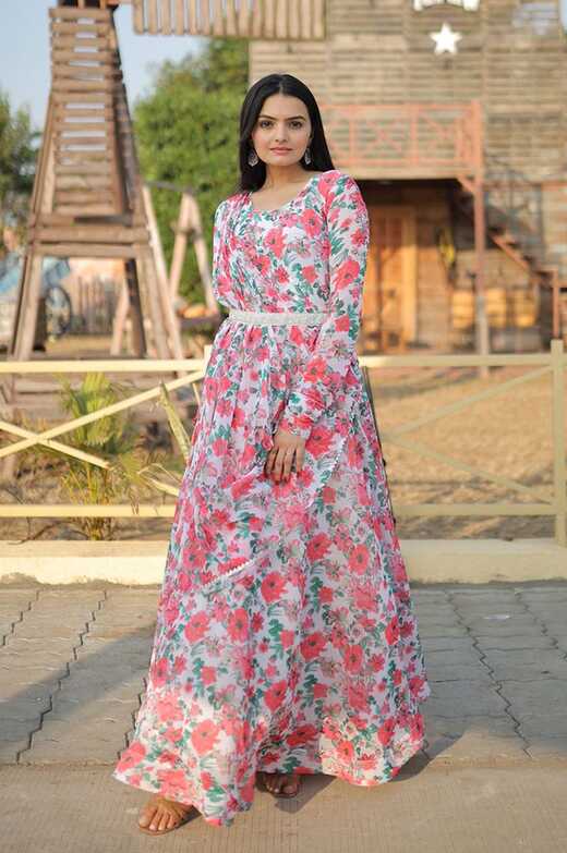 Pink Printed Casual Gown With Dupatta And Belt - Lotus Lehenga Choli