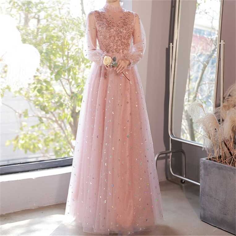 Pink Prom Dress Long Long Sleeve Dress Butterfly Sequins Birthday ...