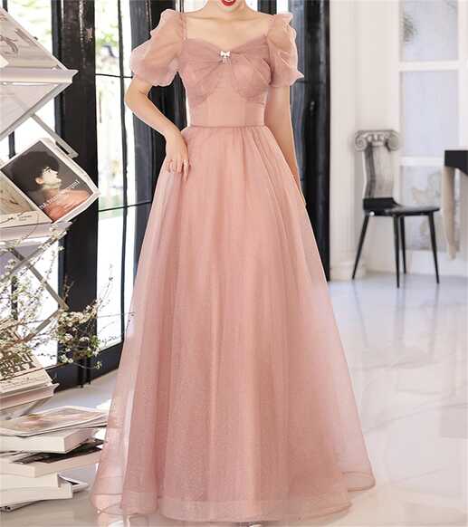 Pink Prom Dress Long Puffy Short Sleeve Ball Gown Square Neck Gown ...