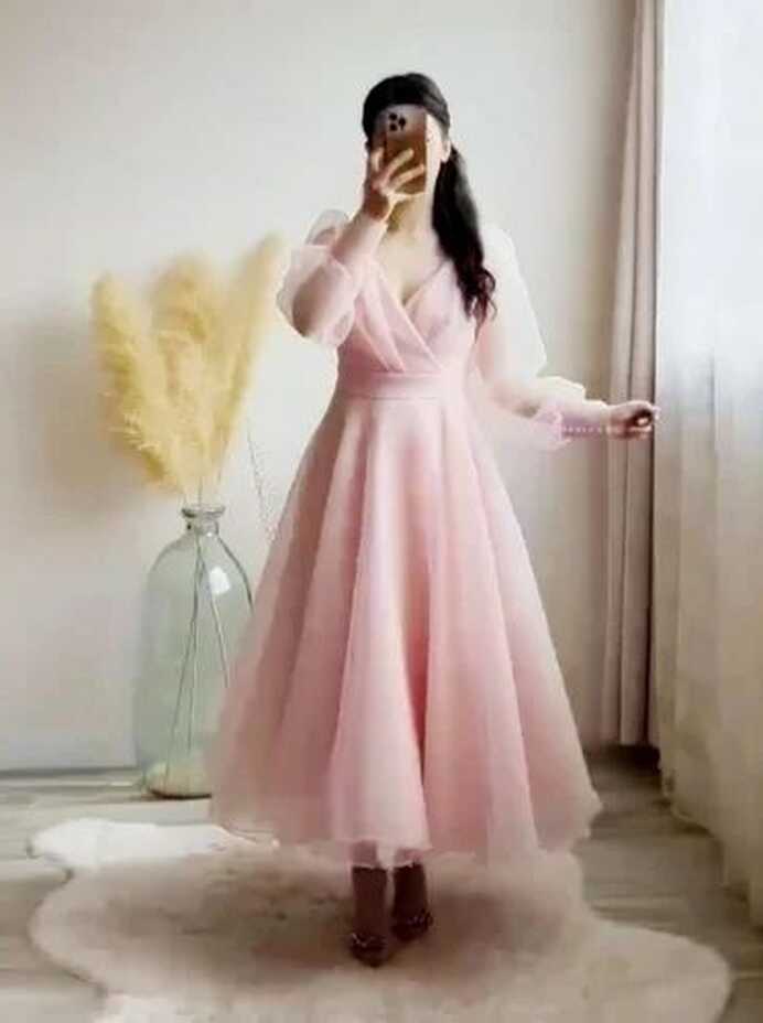 Pink Prom Dresses V-neck Puffy Sleeves A-line Evening Gown For ...