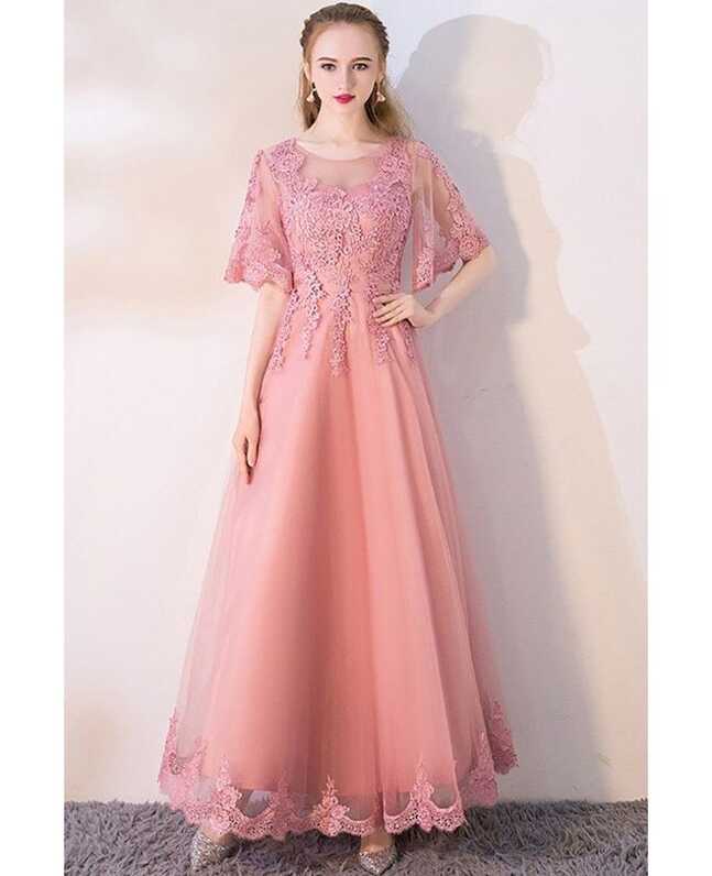 Pink Puffy Sleeves Aline Long Party Dress with Appliques