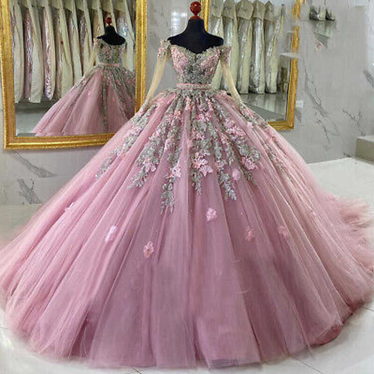 Pink Quinceanera Dresses Ball Gown Off Shoulder Lace Applique Prom ...