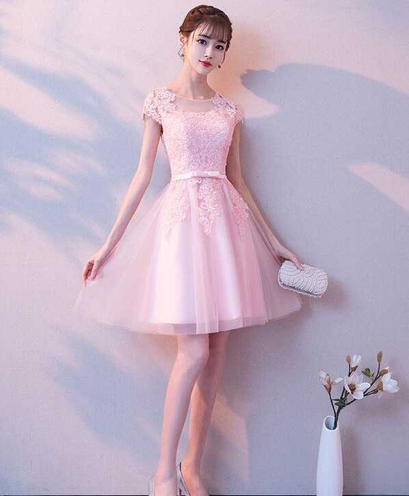 Pink Round Neck Tulle Lace Short Prom Dress Pink Cocktail Dress on ...