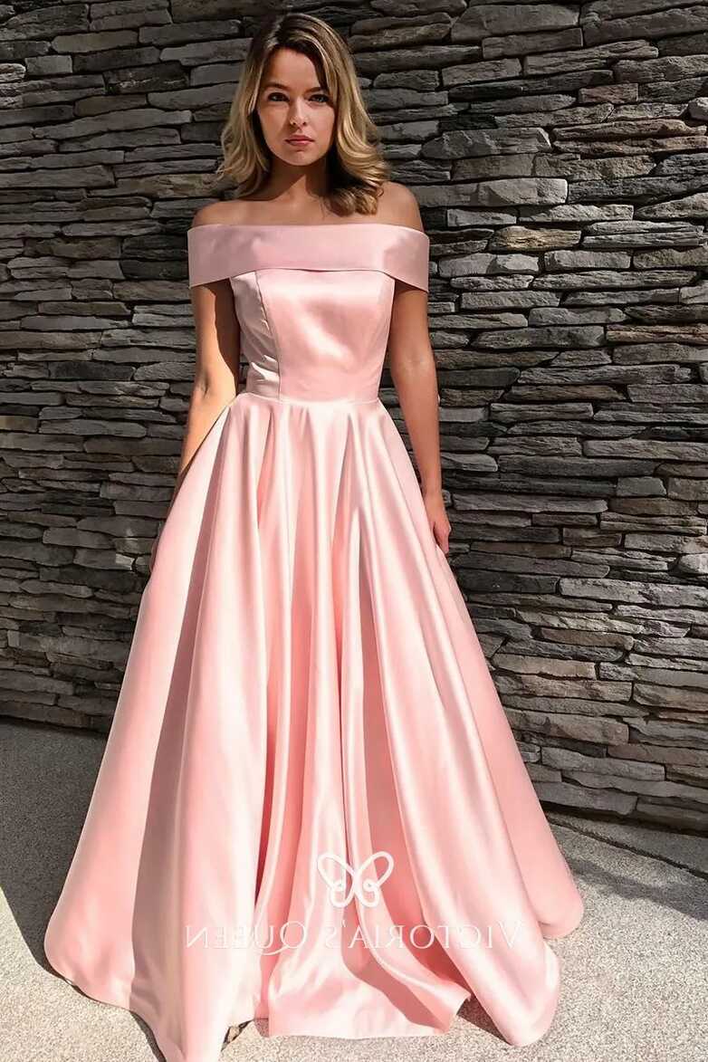 Pink Satin Off-the-shoulder Long Simple Prom Dress - VQ