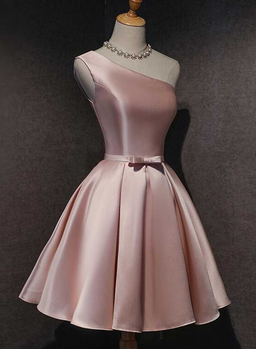 Pink Satin One Shoulder Homecoming Dress, Knee Length Prom Dress ...