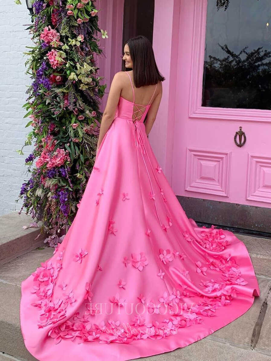 Pink Satin Prom Dresses Floral A-Line Formal Dresses 20599 ...