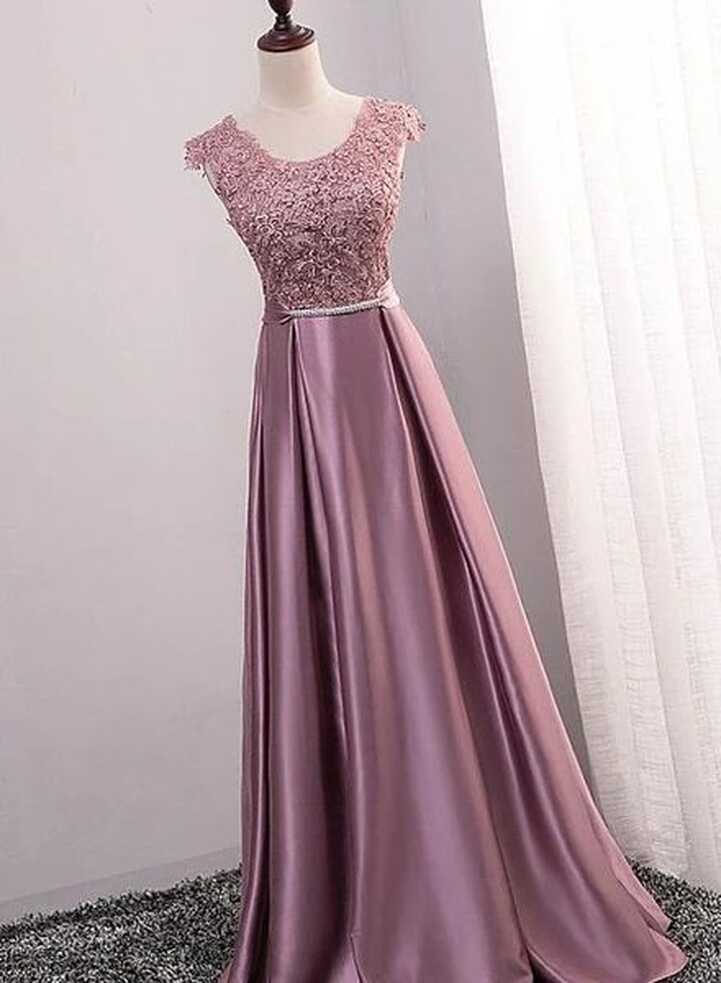 Pink Satin with Lace Applique Long Bridesmaid Dress, Pink A-line ...