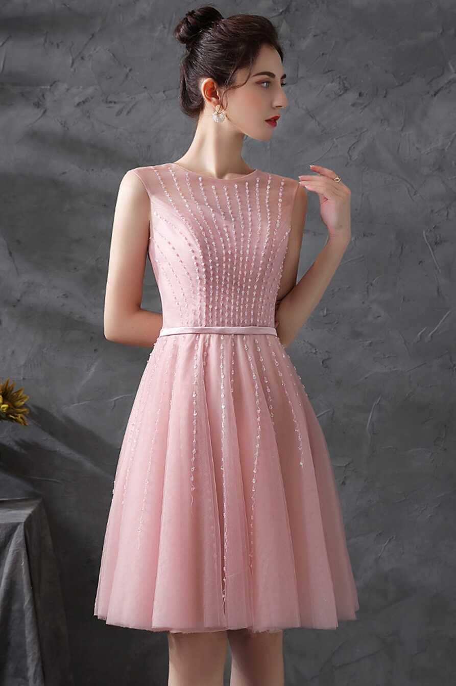 Pink Scoop Tulle Short Prom Dress with Beaded, Pink Knee Length Party