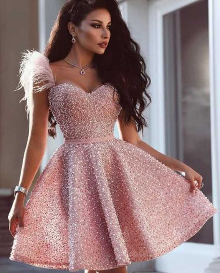 Pink Short Evening Dresses Sweetheart Off The Shoulder Pearls ...