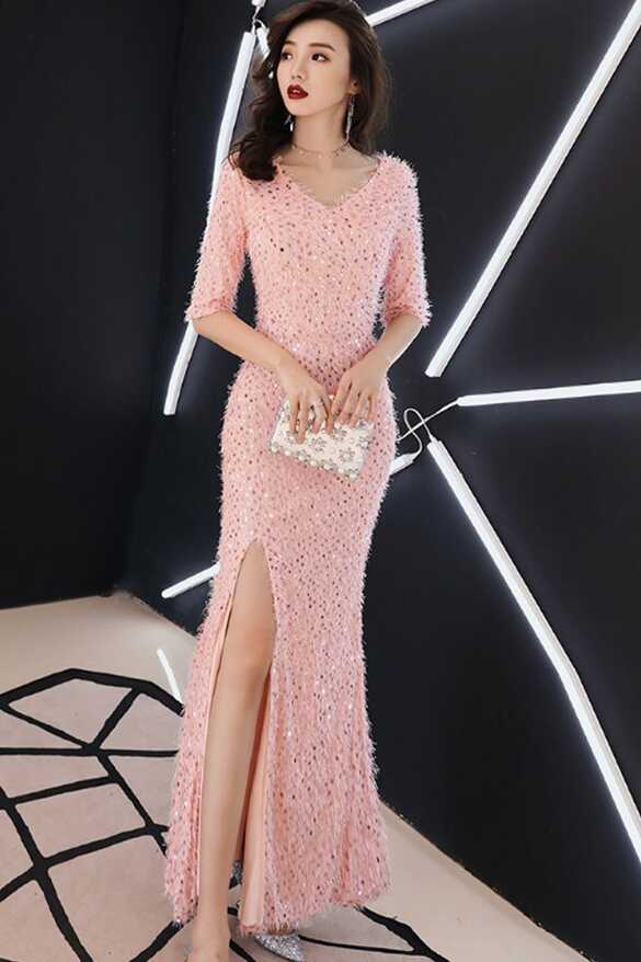 Pink Sparkle Maxi Dress With Sleeves For Evening