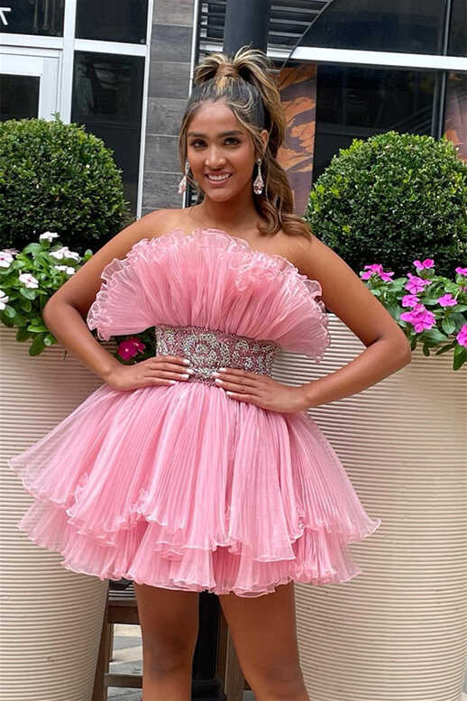 Pink Strapless Ruffed-Layers Homecoming Dress with Sash – Dreamdressy