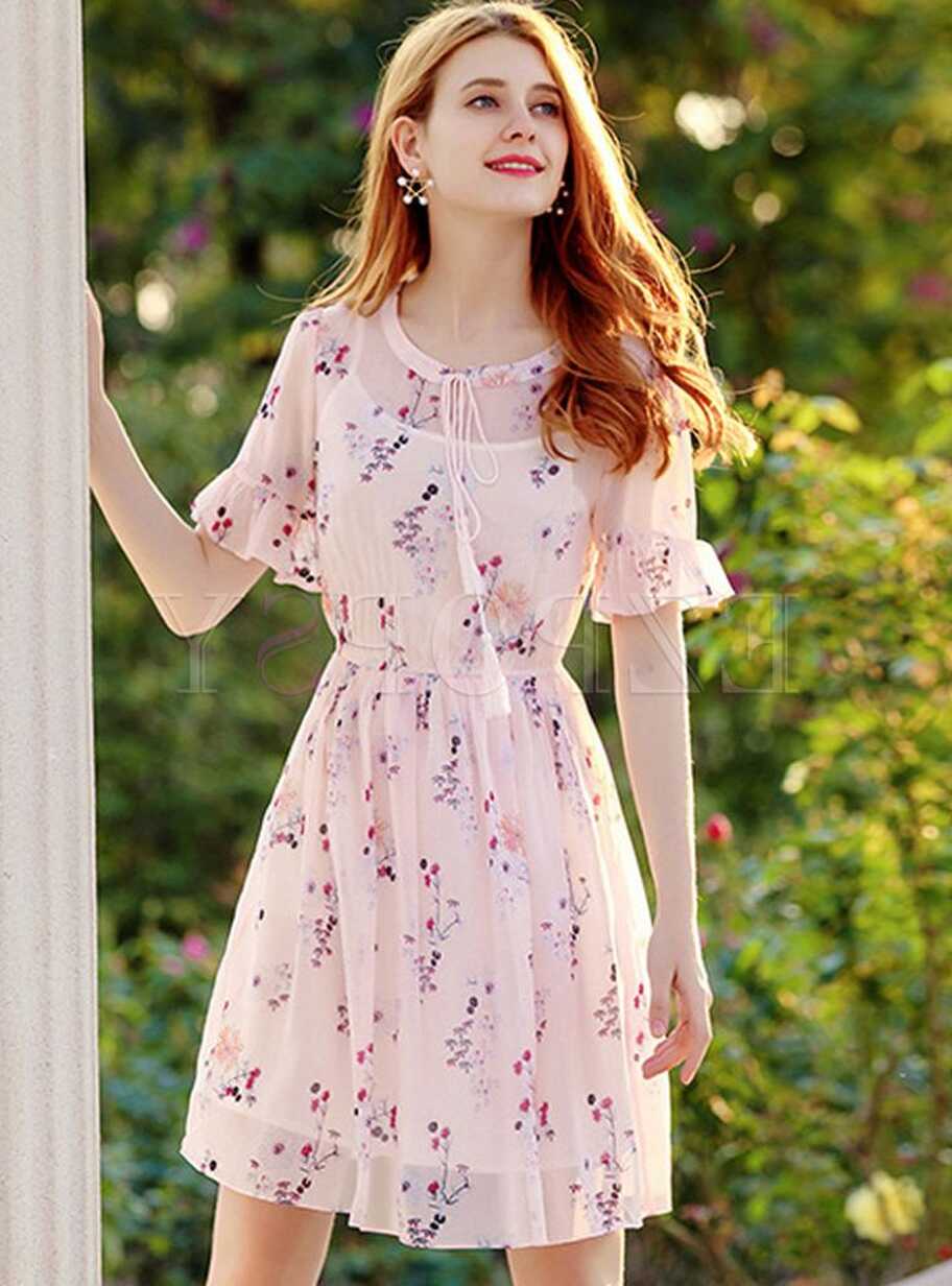 Pink Sweet Floral Print Chiffon Dress