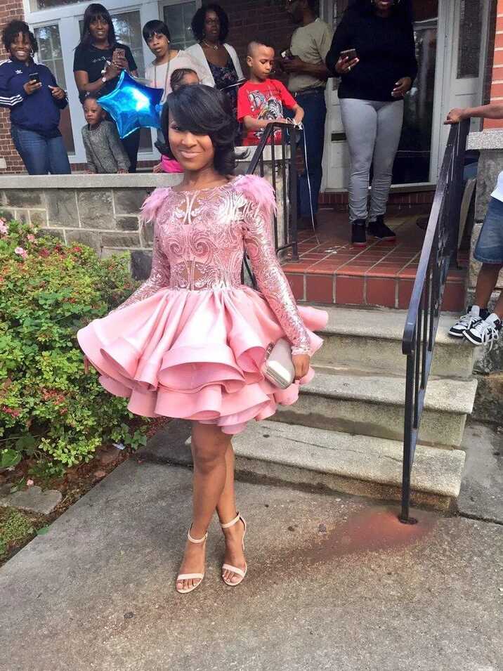 Pink Tiered Short Prom Dresses Long Sleeves A Line Sheer Jewel ...