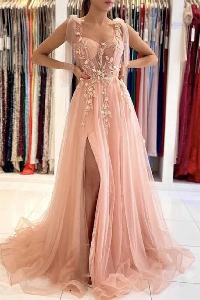 Pink Tulle A Line Floral Lace Prom Dresses Wit Slit PL441 | Promnova