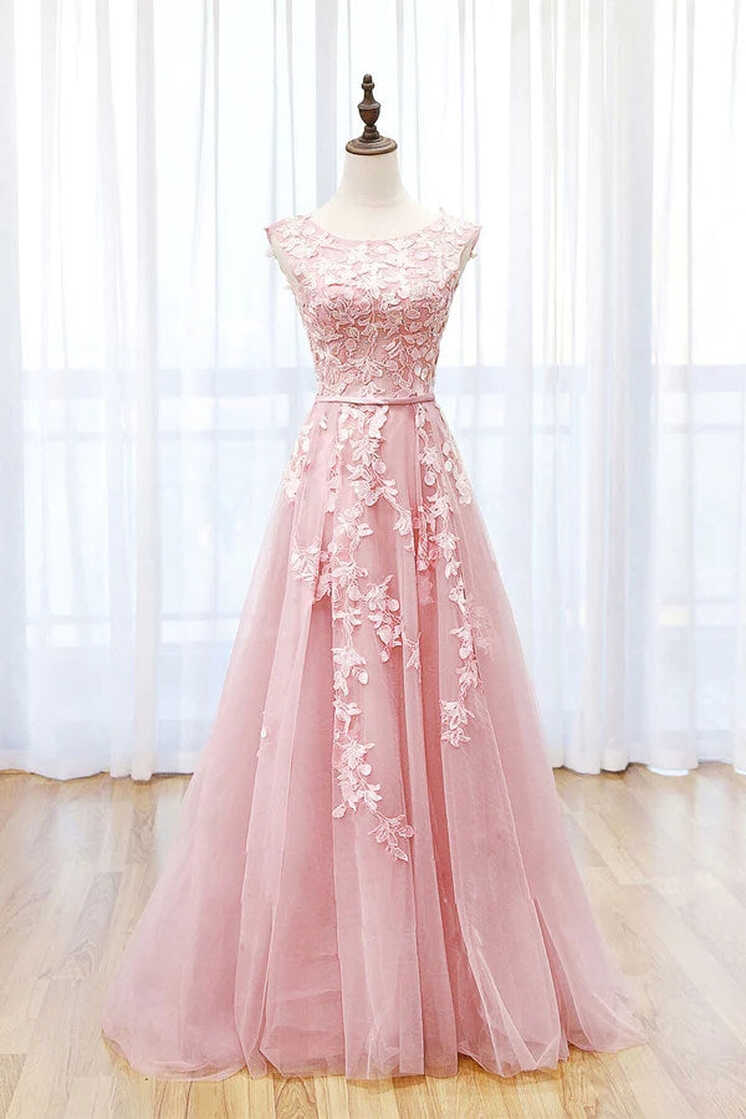 Pink Tulle A-line Scoop Lace Prom Dress With Train MP717 | Musebridals